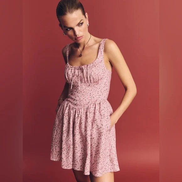 NEW Reformation Daria Linen Mini Dress Bow Rosin Pink Floral | size 0 - Picture 5 of 16
